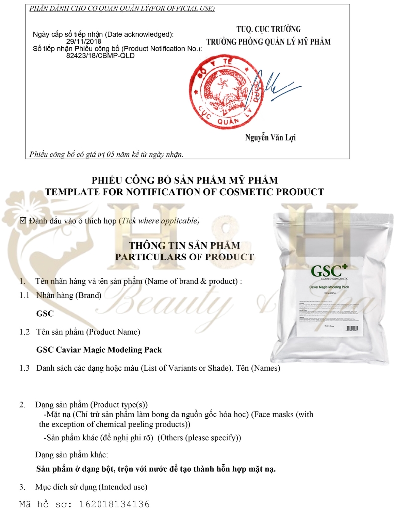 Bột mặt nạ GSC+ Caviar Magic Modeling Pack Trứng cá tầm đen 1kg Công bố sản phẩm bột mặt nạ dẻo GSC+
