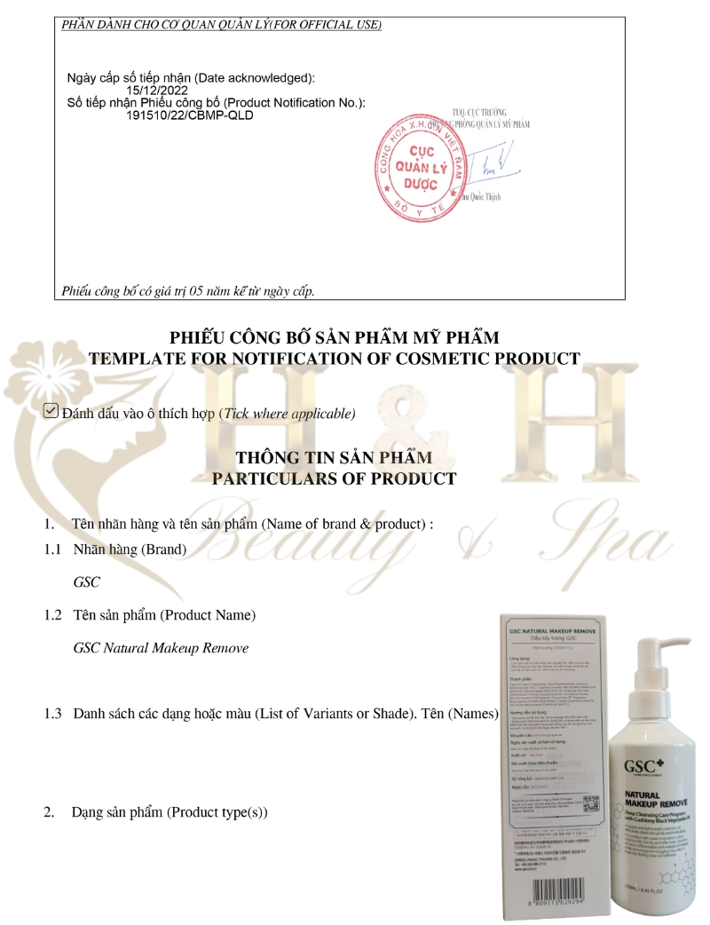 Dầu tẩy trang GSC+ Natural Makeup Remove size 250ml Công bố mỹ phẩm của dầu tẩy trang GSC+